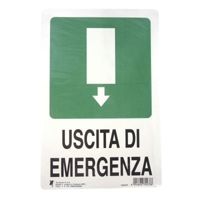 [8014846704338] CARTELLO PLAS. CM30X20 USCITA DI EMERGENZA IN BASS