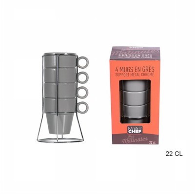 [3568350320850] 4 MUG IMPILABILI 22 CL GRIGIE CON SUPPORTO -GRES