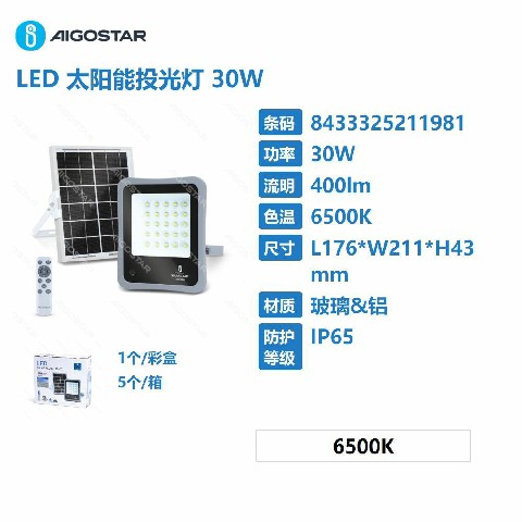 [8433325211981] FLOODLIGHT LED SOLARE 30W,6500K,LUCE FREDDA,400LM,