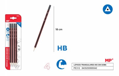 [8435250995042] MATITA HB TRIANGOLARE + GOMMA 4PZ