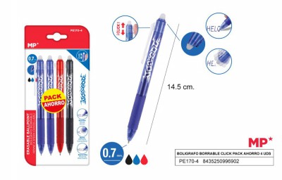 [8435250996902] PENNE CANCELLABILI A SCATTO 3COL. 4PZ 0.7MM