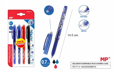 [8435250996919] PENNE CANCELLABILI E RICARICABILI 3COL. 4PZ