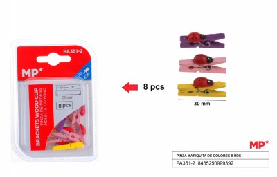 [8435250999392] MOLLETTA IN LEGNO COLORATO 30MM 8PZ COCCINELLA